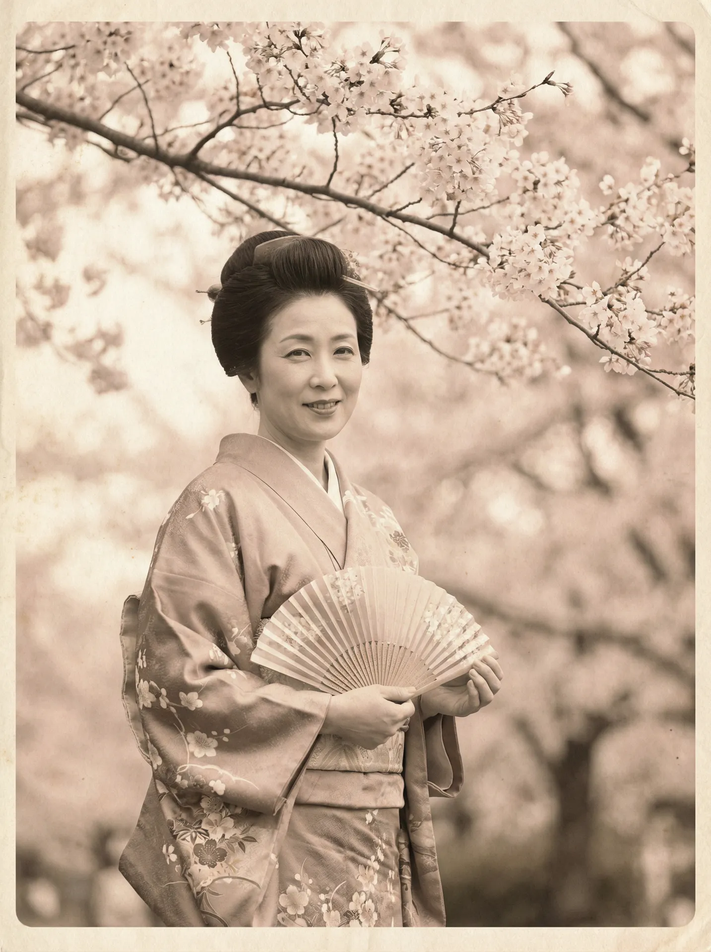 一位持扇的优雅 华体会体育 官网 在樱花树下的复古写真